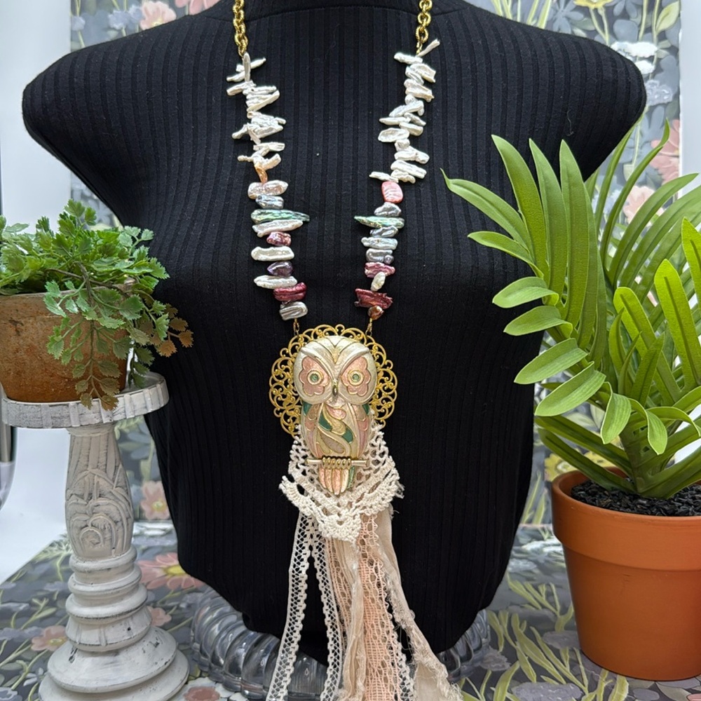 👑Adorned Crown Jewelry assemblage enamel owl tassel pearl boho long necklace
